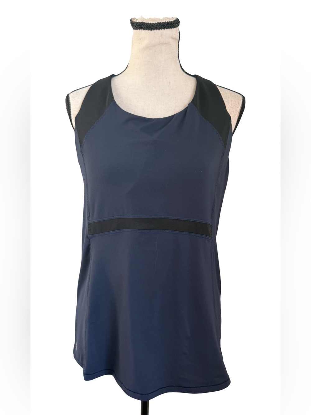 Athleta Cycling Tank Top Large Navy Black Racerback Mesh Back Pockets 16x26